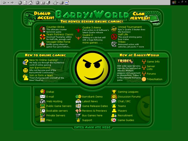 Main page for BarrysWorld, with options galore.