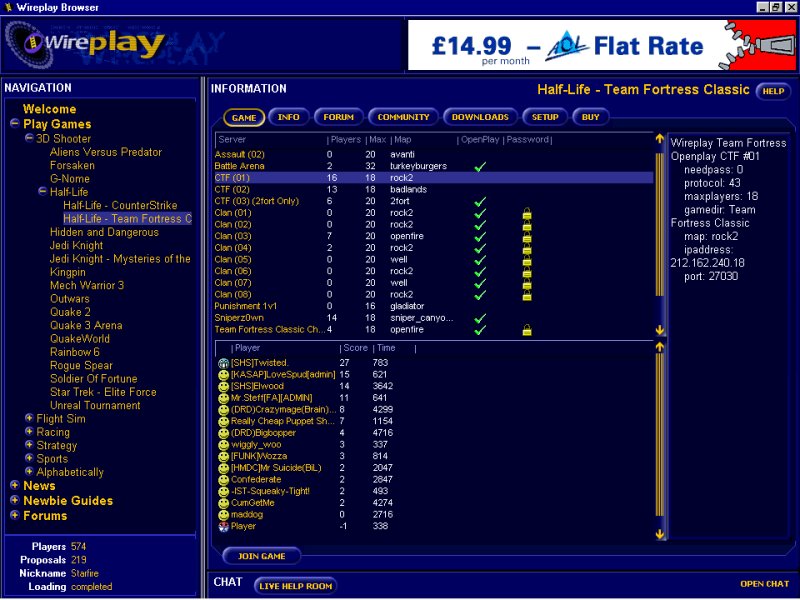 Wireplay's UK servers for the ever popular Half-Life Team Fortress Classic.