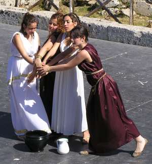 Lysistrata, Callonice, Myrrhine and Lampito swear to give up sex