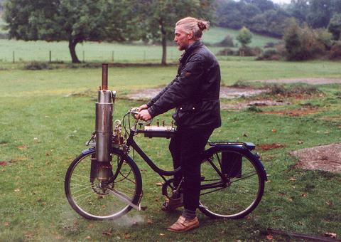 Geoff and his steam bicycle