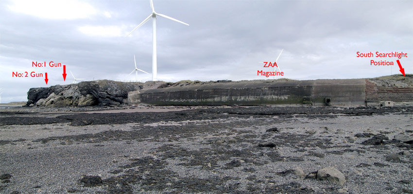 Along the (south) sea-wall showing where the guns and south searchlight were located.