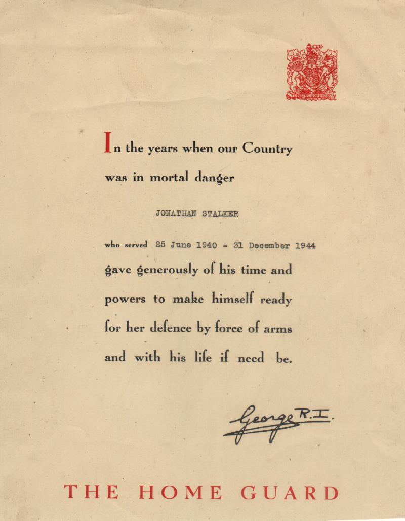 Home-Guard Certificate, Pte. Jonathan Stalker.