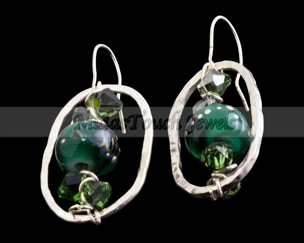 Sterling Silver and handmade bead, shot with silver, pair of earrings