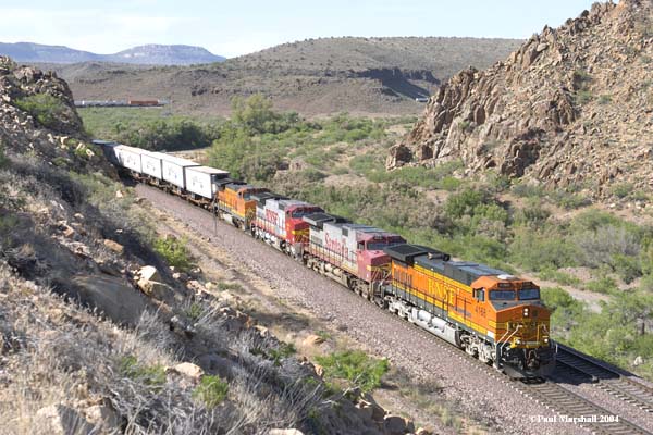 BNSF #4168 + #669 + #808 + #534 at Crozier Canyon (near Kingman) - May 2004