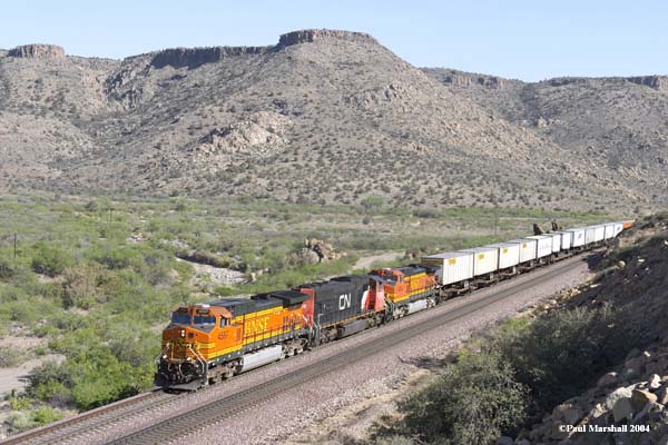 BNSF #4587 + CN #5788 + BNSF #4793 at Crozier Canyon (near Kingman) - May 2004