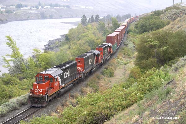 CN SD40-2's #6010 + #5375 + #6077 east bound at Ashcroft - August 2004