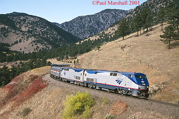 Amtrak 138 + 185, climbing up Coal Creek Canyon, Oct 2001