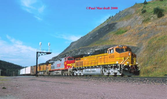 BNSF Dash 9 #4588 departing Marias Pass Summit - August 2000