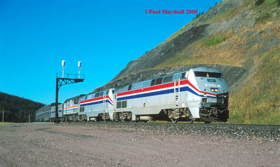 Amtrak Genesis units #48/59 and F40 #259 at Marias Pass Summit - August 2000