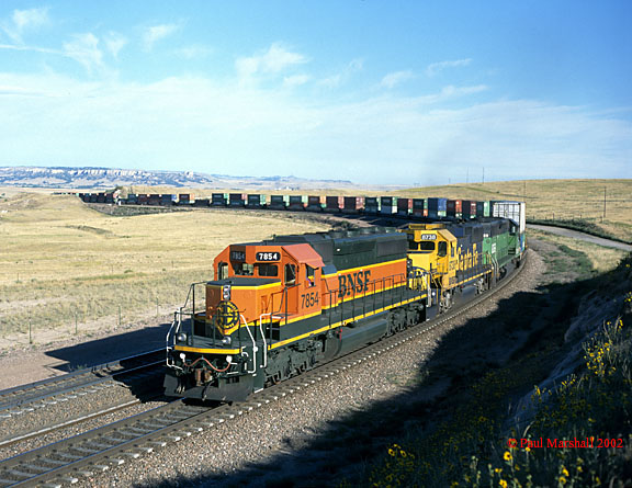 BNSF SD40-2's #7854 + #8738 + #8069 at the Lower Horseshoe, Crawford with an E/B stack train - Sept 2002