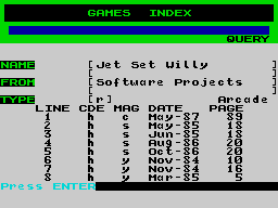 Games Index screen