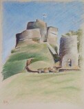 Launceston caslte atop norman motte in corwall soft pastel