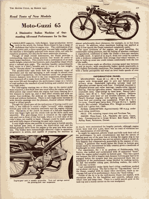 Facsimile of Moto Guzzi 65 road test from 1951