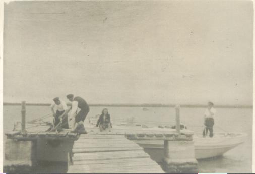 Ravenglass pier, Volcano personnel... Left to right Tubby ?, P.O.Jones, Mabel ?, Jimmy Booth.