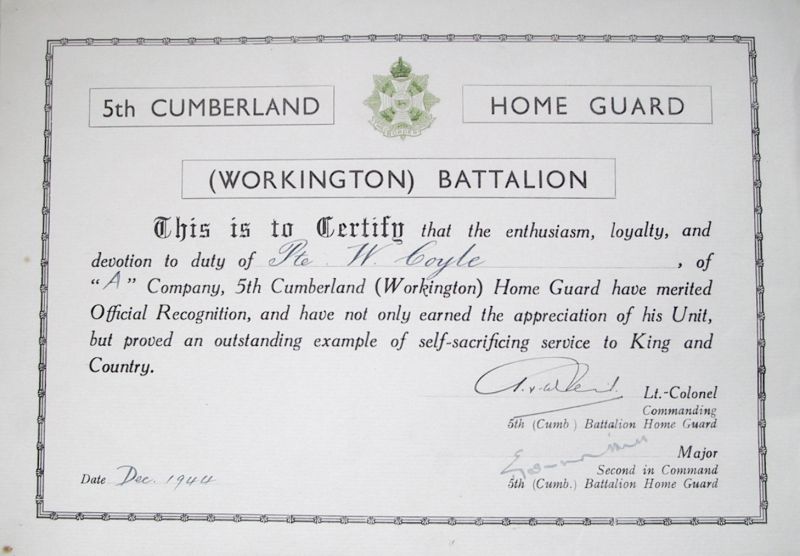 Home-Guard Certificate, Pte. W. Coyle, A-Company, Workington.