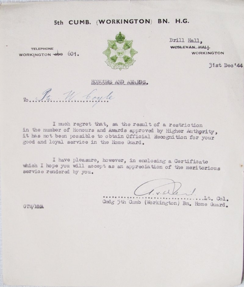 Home-Guard letter, Pte. W. Coyle, A-Company, Workington.