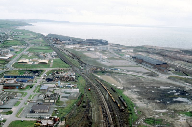 An aerial view of the west of Workington, Clay Flatts and New Yard, 1984.