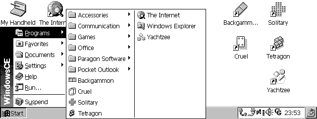 WindowsCE desktop showing Start Manu and Icons